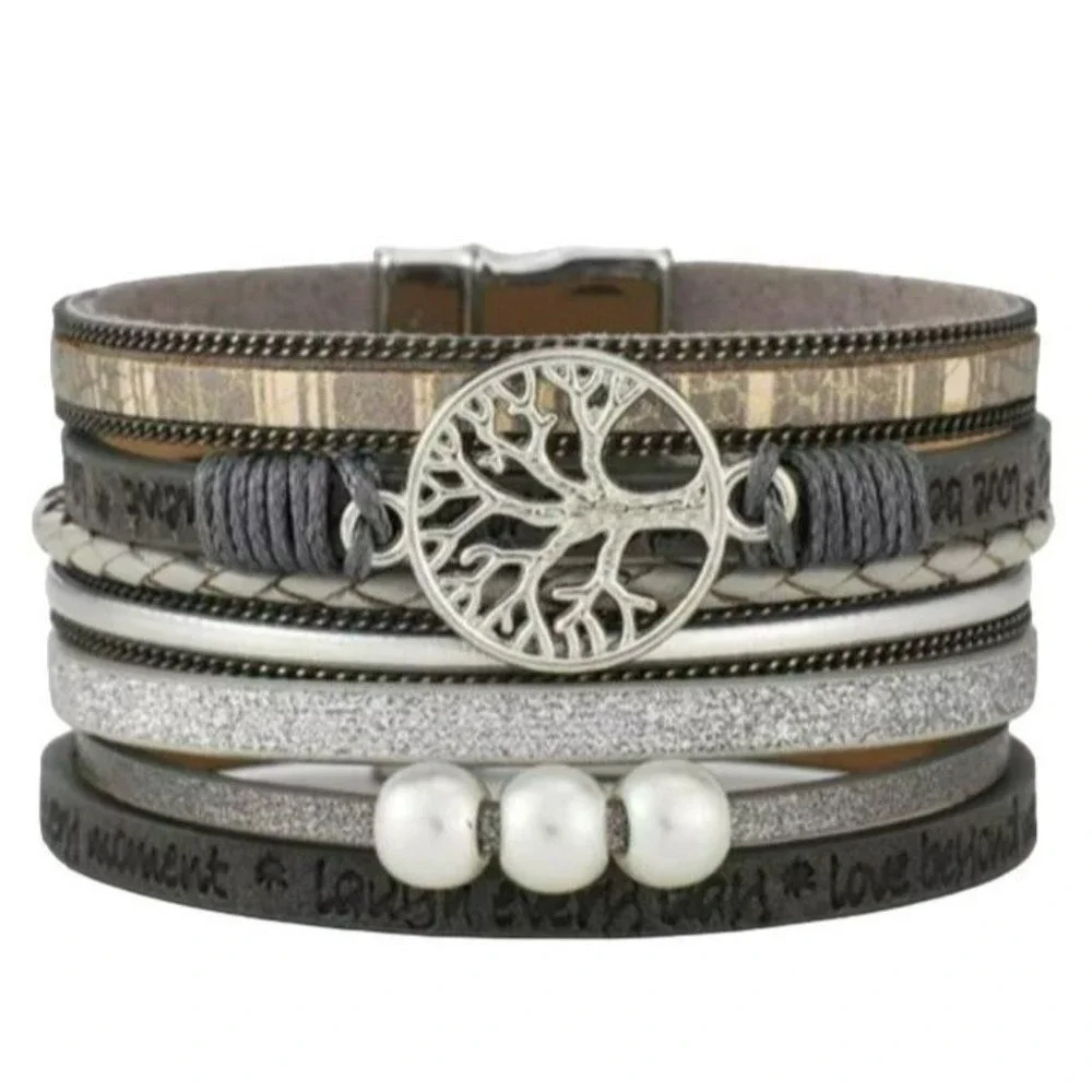 Multilayer Leather‎ Bangle Magnetic Clasp Bracelet for Men or Women 7.5in Silver